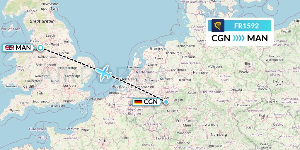 FR1592 Ryanair Flight Map: Cologne to Manchester
