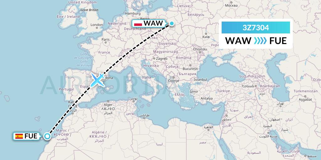 3Z7304 Travel Service Polska Flight Map: Warsaw to Fuerteventura
