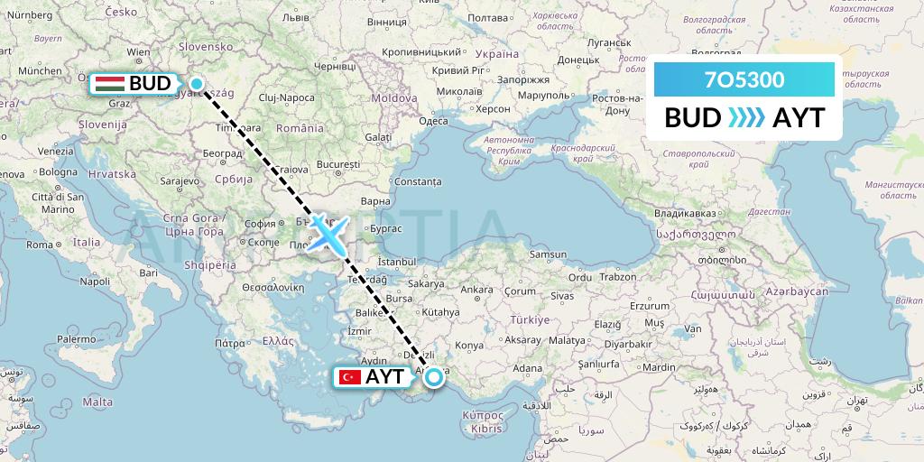 7O5300 Travel Service Hungary Flight Map: Budapest to Antalya