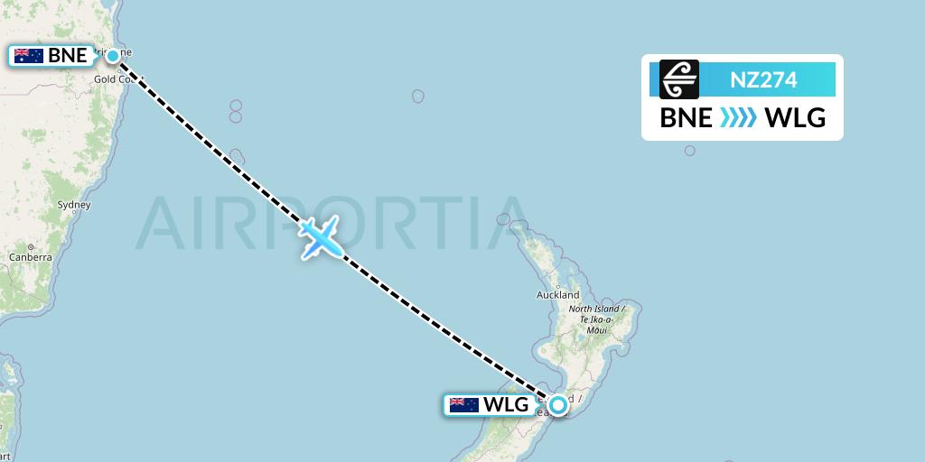 NZ274 Air New Zealand Flight Map: Brisbane to Wellington