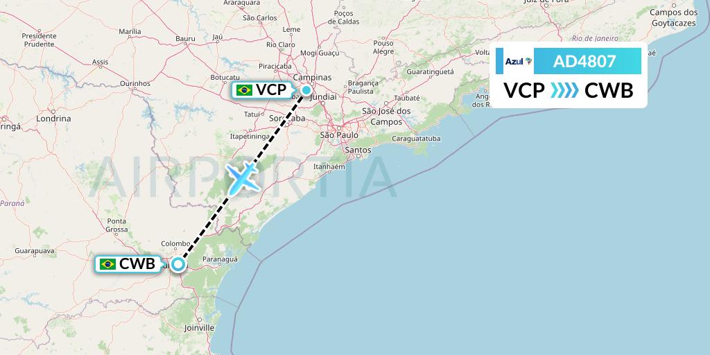 AD4807 Azul Brazilian Airlines Flight Map: Campinas to Curitiba