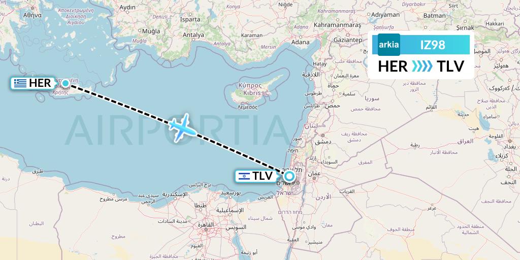 IZ98 Arkia Israeli Airlines Flight Map: Heraklion to Tel Aviv