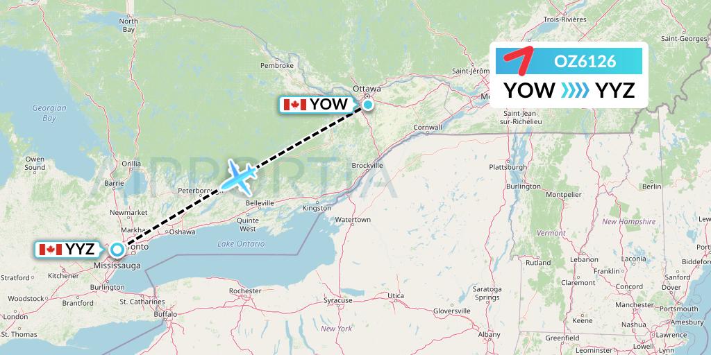 OZ6126 Asiana Airlines Flight Map: Ottawa to Toronto