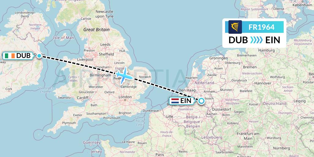 FR1964 Ryanair Flight Map: Dublin to Eindhoven