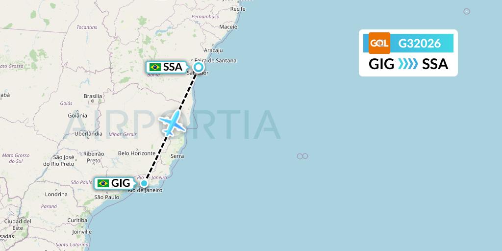 G32026 GOL Transportes Aeros Flight Map: Rio de Janeiro to Salvador