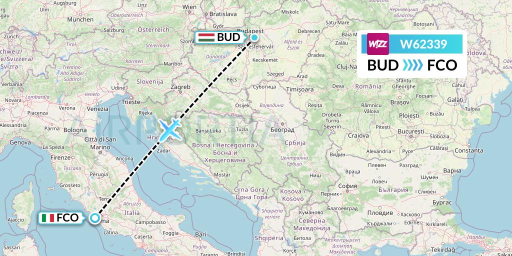 W62339 Wizz Air Flight Map: Budapest to Rome