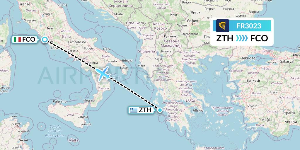 FR3023 Ryanair Flight Map: Zakynthos to Rome