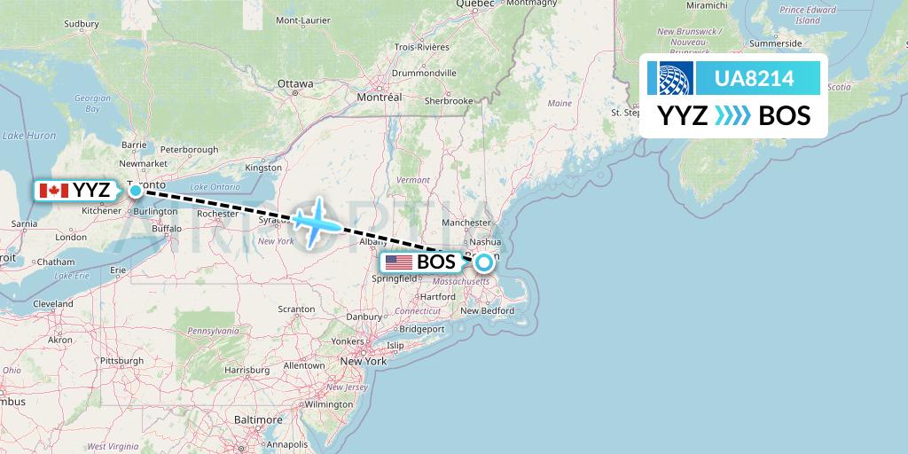 UA8214 United Airlines Flight Map: Toronto to Boston