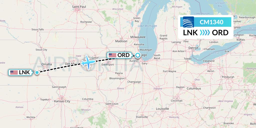CM1340 Copa Airlines Flight Map: Lincoln to Chicago
