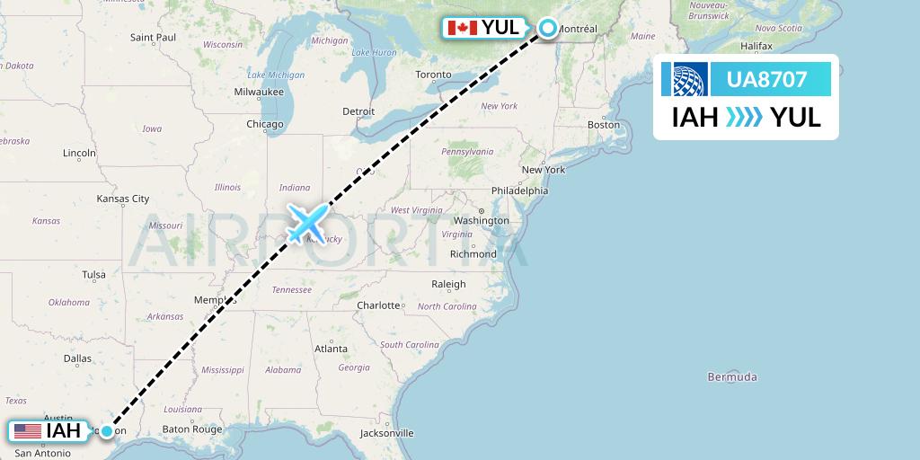 UA8707 United Airlines Flight Map: Houston to Montreal