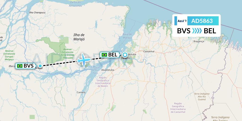 AD5863 Azul Brazilian Airlines Flight Map: Breves to Belem