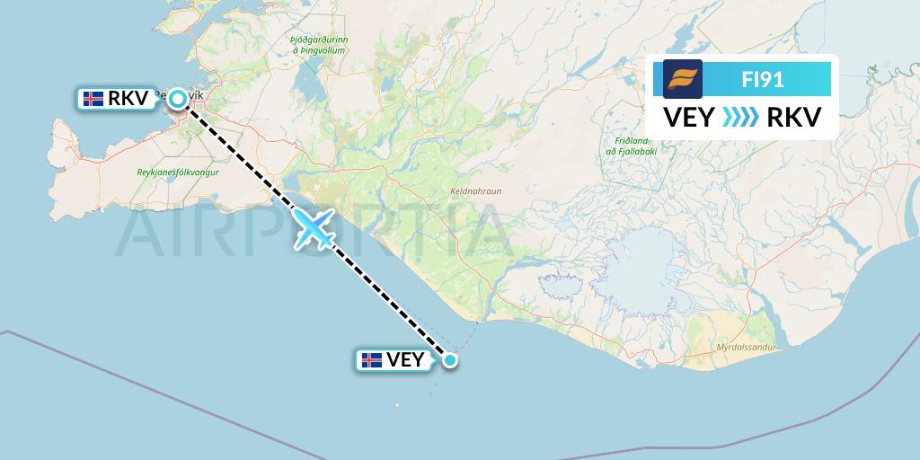 FI91 Icelandair Flight Map: Vestmannaeyjar to Reykjavik
