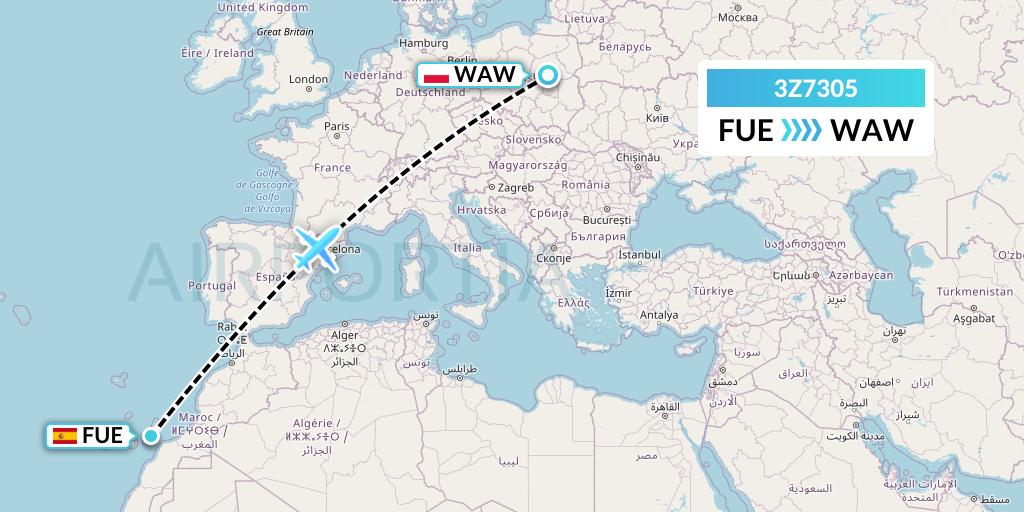 3Z7305 Travel Service Polska Flight Map: Fuerteventura to Warsaw
