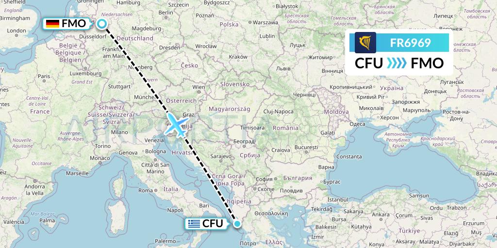 FR6969 Ryanair Flight Map: Corfu to Munster