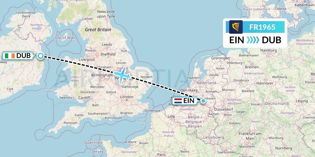 FR1965 Ryanair Flight Map: Eindhoven to Dublin