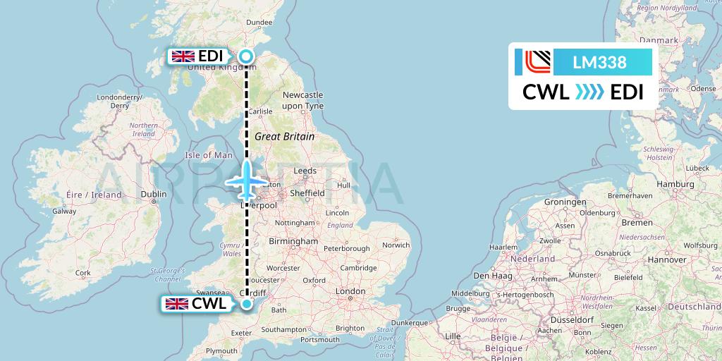 LM338 Loganair Flight Map: Cardiff to Edinburgh