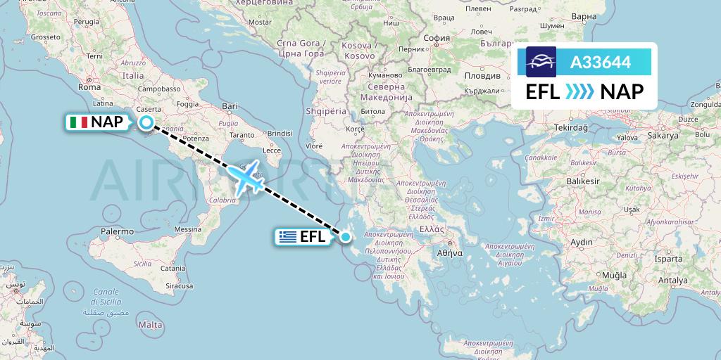 A33644 Aegean Airlines Flight Map: Kefalonia to Naples