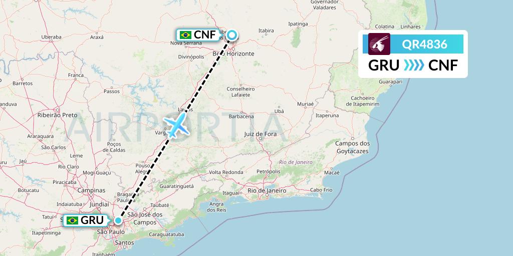 QR4836 Qatar Airways Flight Map: Sao Paulo to Belo Horizonte