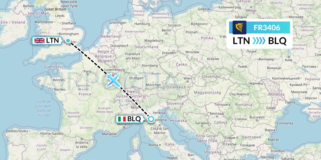 FR3406 Ryanair Flight Map: London to Bologna