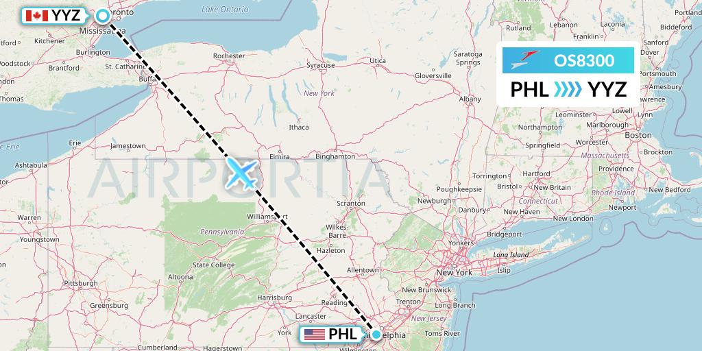 OS8300 Austrian Airlines Flight Map: Philadelphia to Toronto