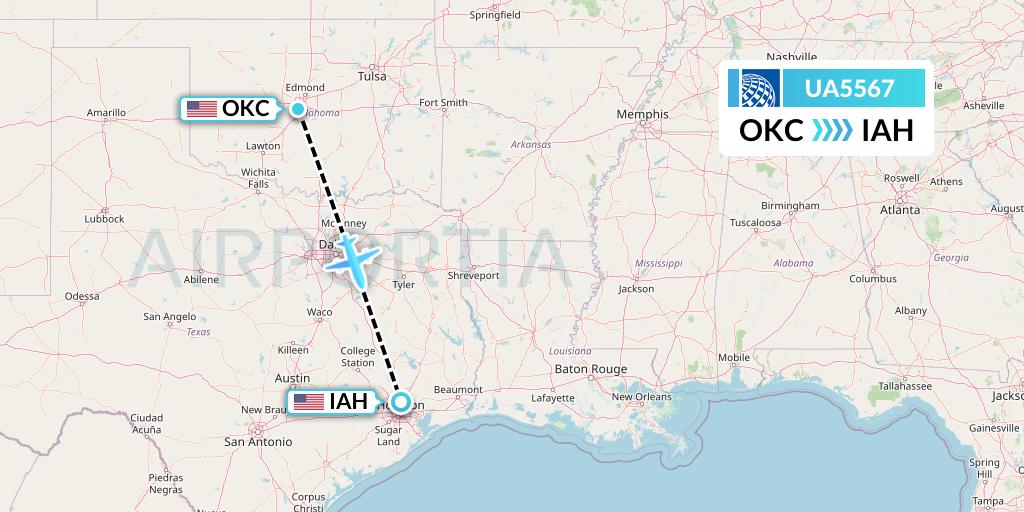UA5567 United Airlines Flight Map: Oklahoma City to Houston