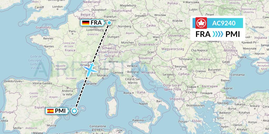 AC9240 Air Canada Flight Map: Frankfurt to Palma de Mallorca