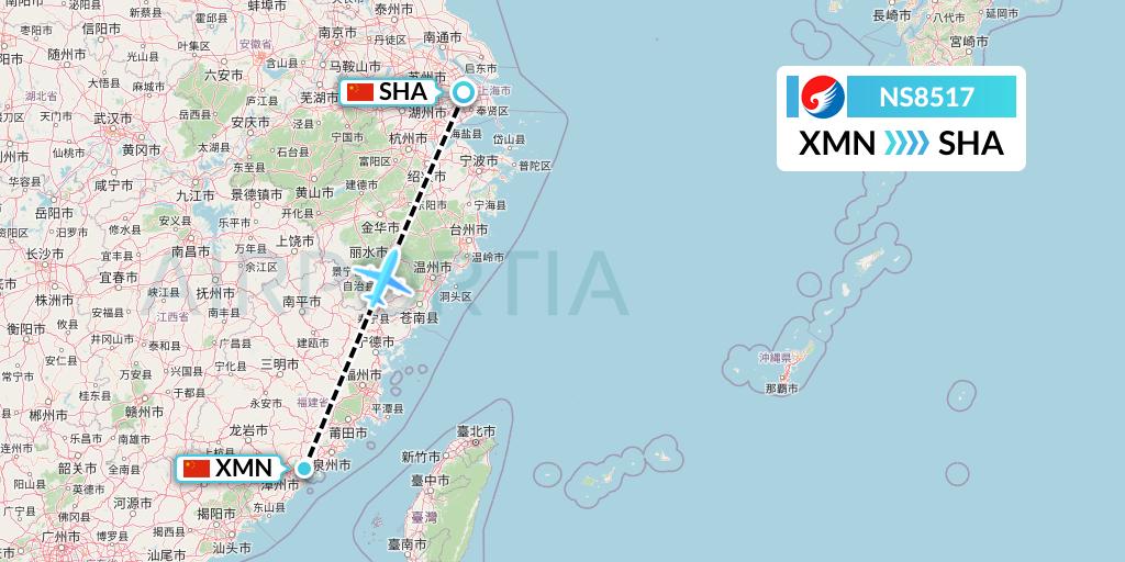 NS8517 Hebei Airlines Flight Map: Xiamen to Shanghai