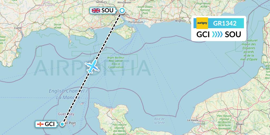 GR1342 Aurigny Air Services Flight Map: Guernsey to Southampton