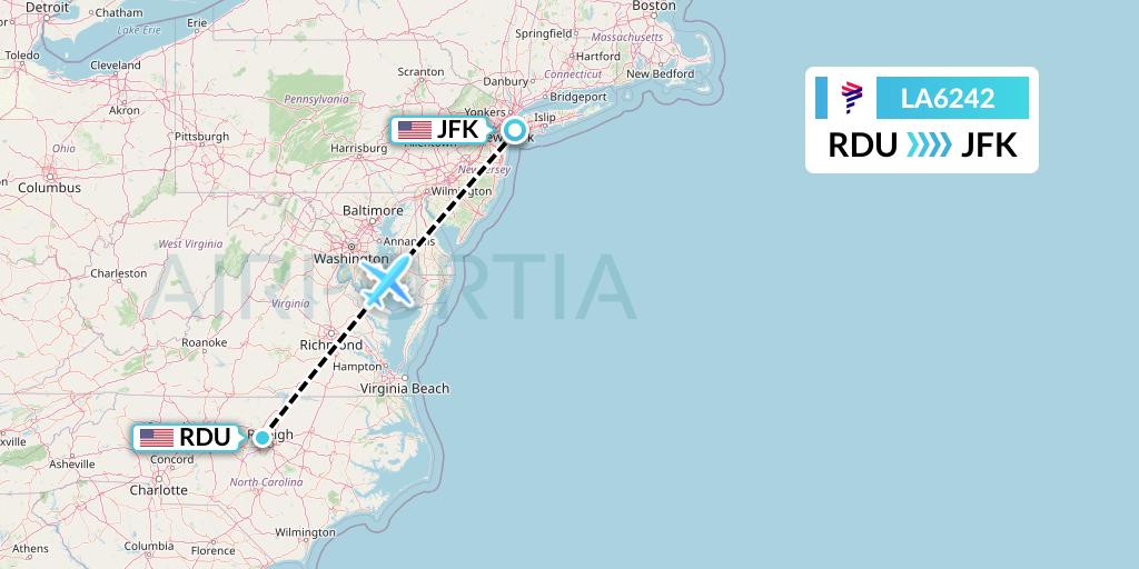 LA6242 LAN Airlines Flight Map: Raleigh-Durham to New York