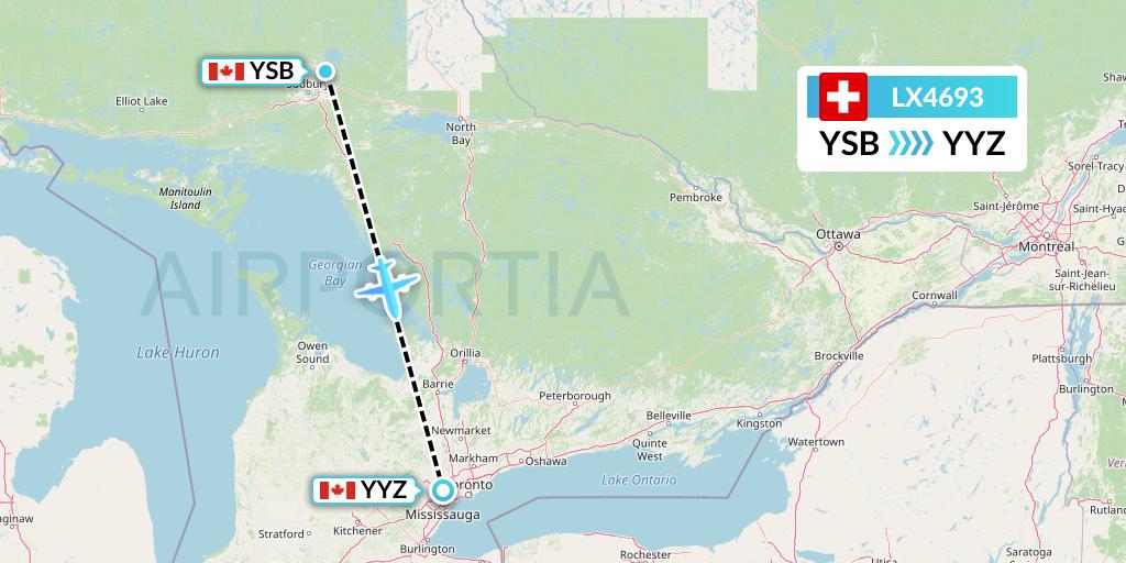 LX4693 Swiss Flight Map: Sudbury to Toronto
