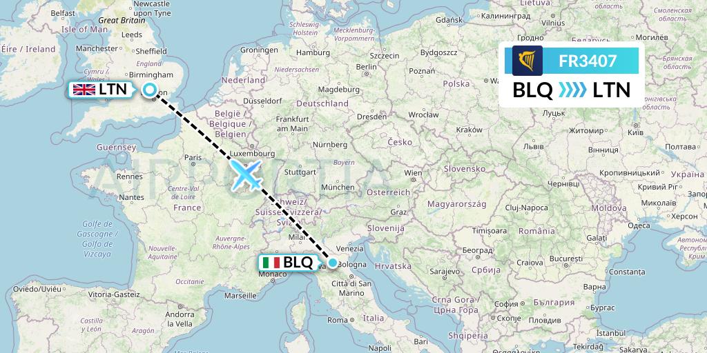 FR3407 Ryanair Flight Map: Bologna to London