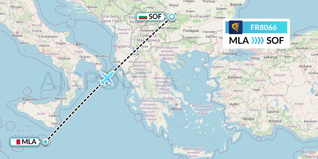 FR8066 Ryanair Flight Map: Malta to Sofia