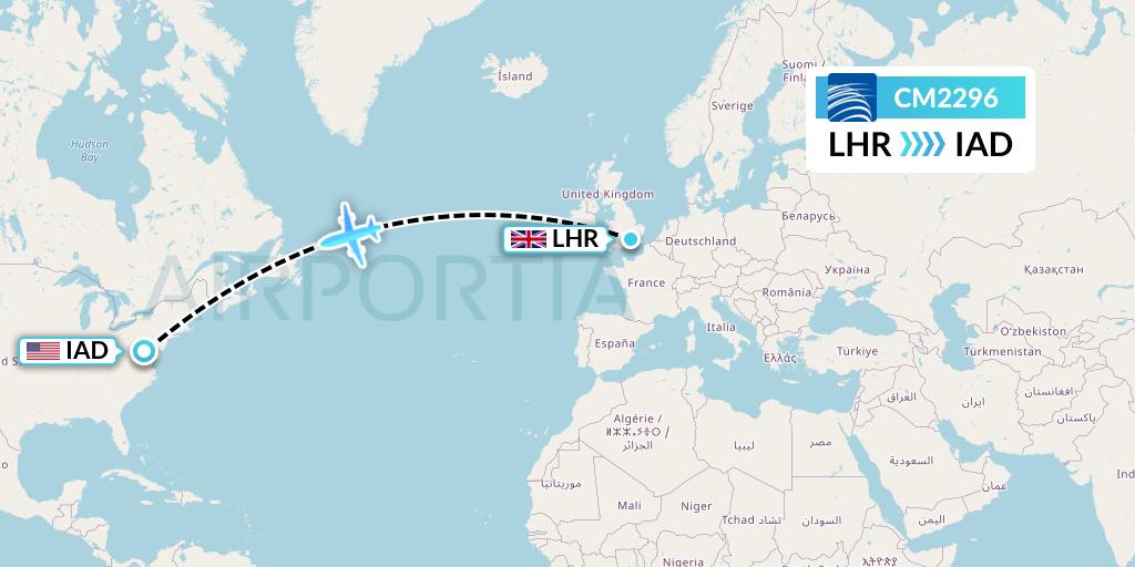CM2296 Copa Airlines Flight Map: London to Washington