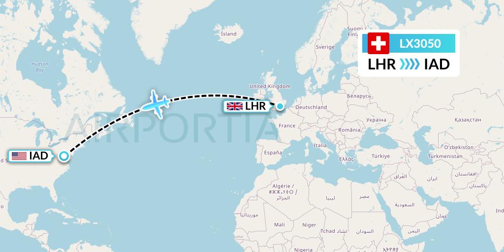 LX3050 Swiss Flight Map: London to Washington