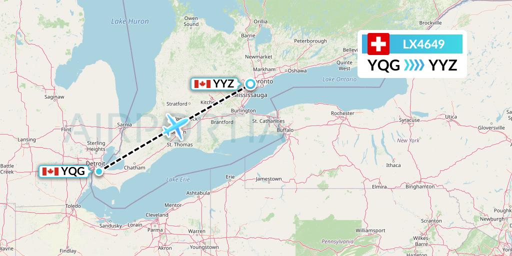 LX4649 Swiss Flight Map: Windsor to Toronto