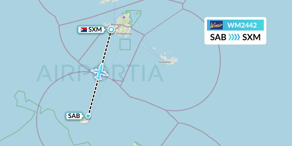 WM2442 Winair Flight Map: Saba to Sint Maarten