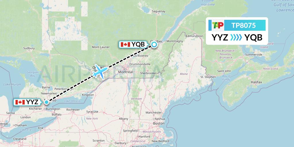 TP8075 TAP Portugal Flight Map: Toronto to Quebec