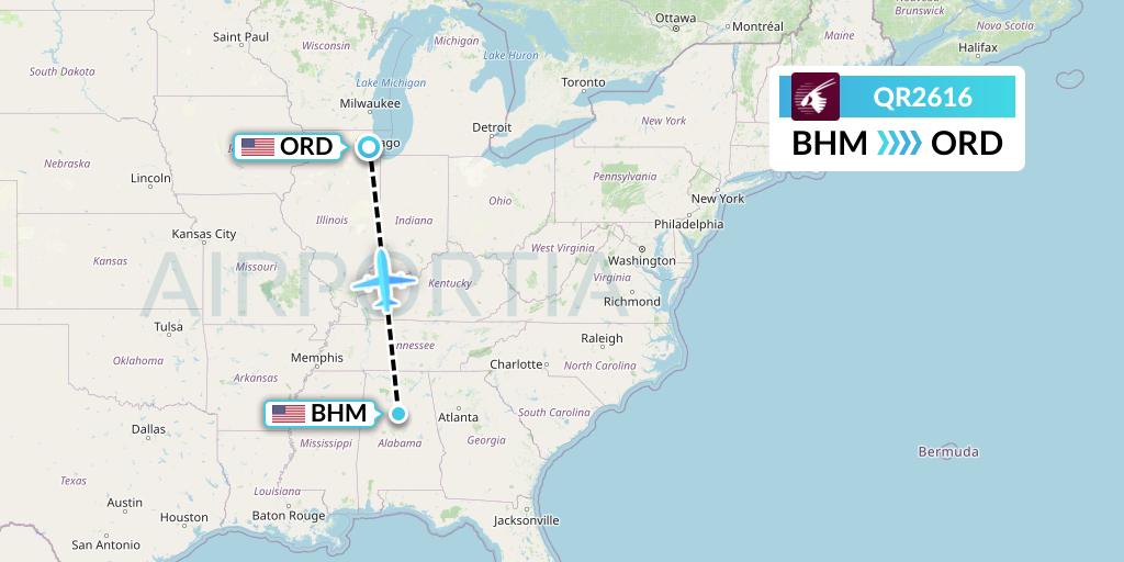 QR2616 Qatar Airways Flight Map: Birmingham to Chicago