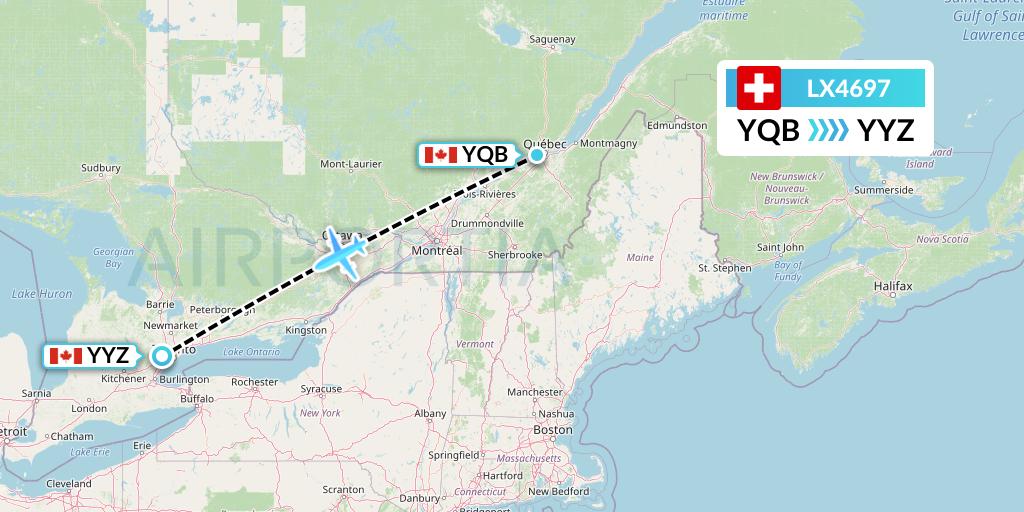 LX4697 Swiss Flight Map: Quebec to Toronto