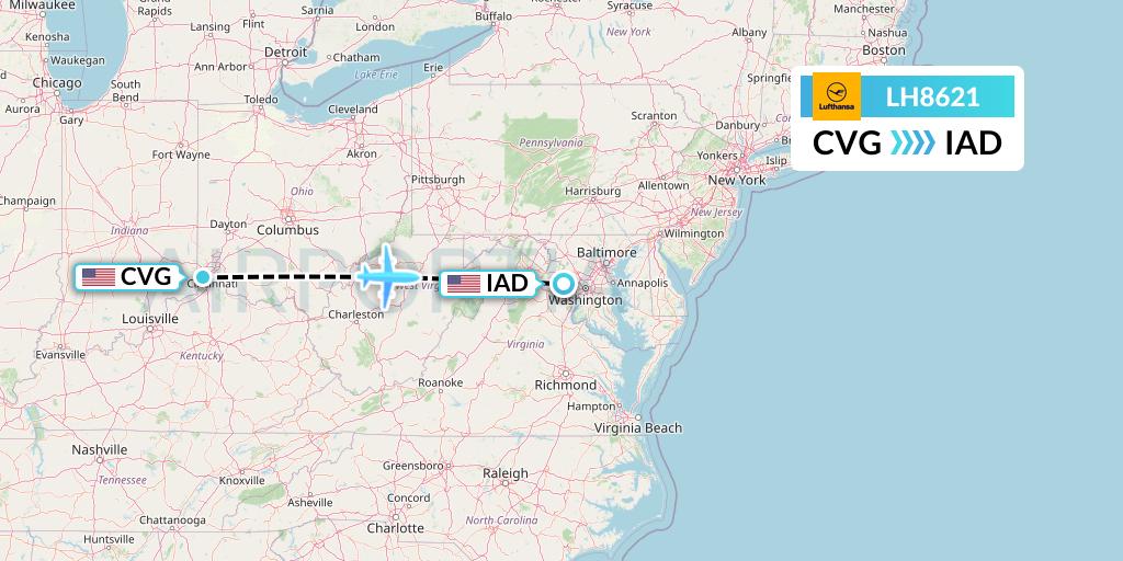 LH8621 Lufthansa Flight Map: Cincinnati to Washington