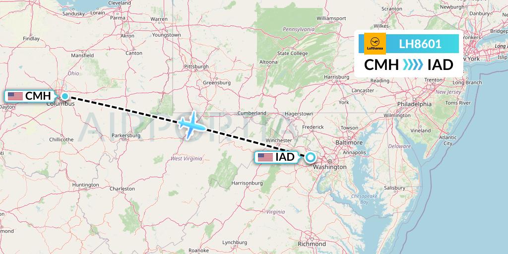LH8601 Lufthansa Flight Map: Columbus to Washington