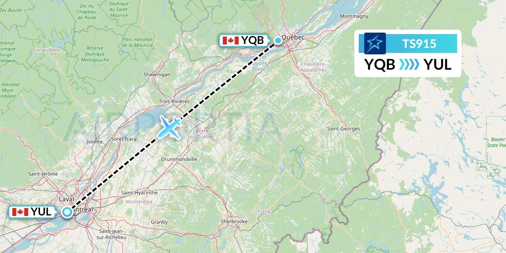 TS915 Air Transat Flight Map: Quebec to Montreal