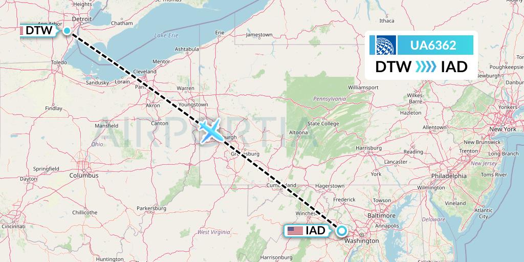 UA6362 United Airlines Flight Map: Detroit to Washington