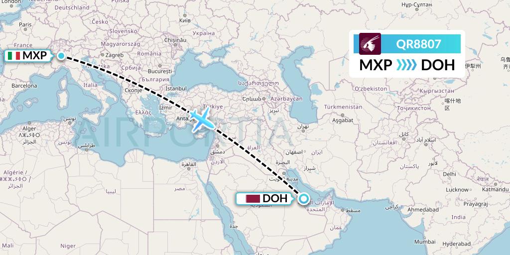 QR8807 Qatar Airways Flight Map: Milan to Doha