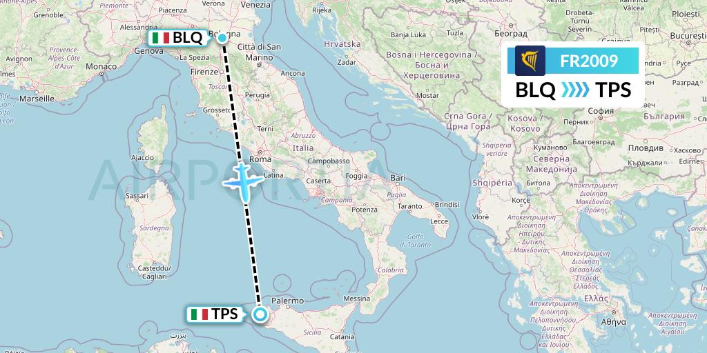 FR2009 Ryanair Flight Map: Bologna to Trapani