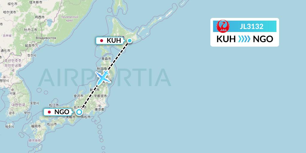 JL3132 Japan Airlines Flight Map: Kushiro to Nagoya