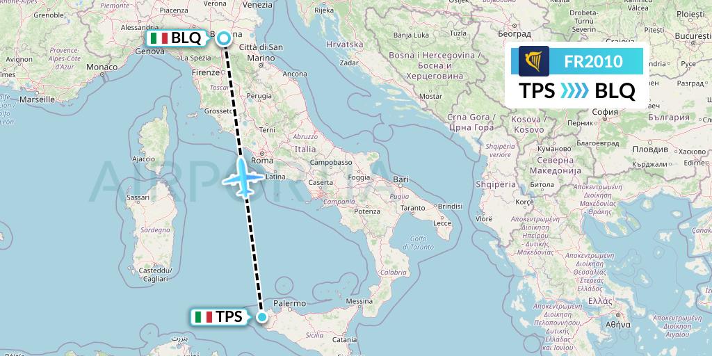 FR2010 Ryanair Flight Map: Trapani to Bologna