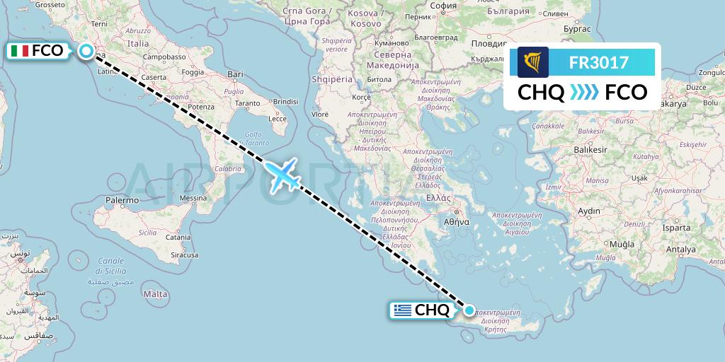 FR3017 Ryanair Flight Map: Chania to Rome
