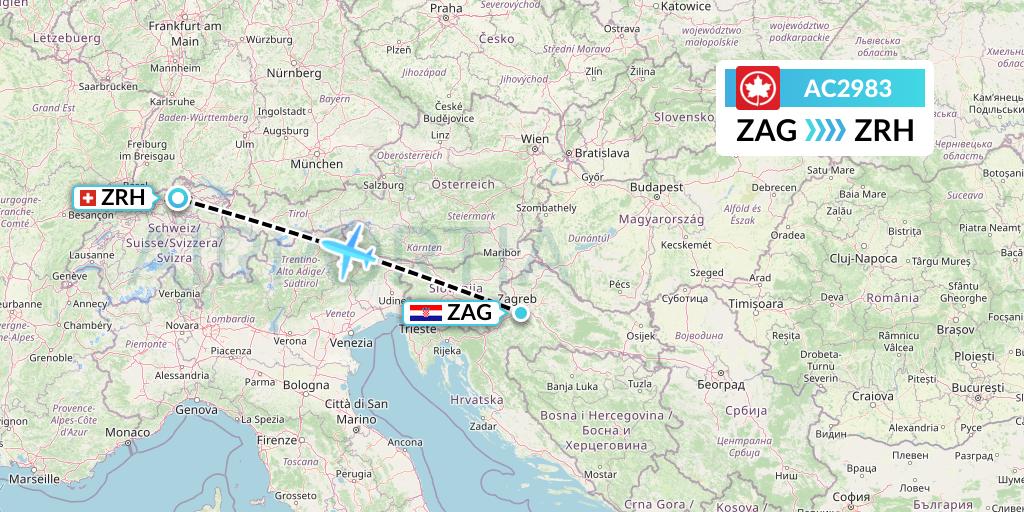 AC2983 Air Canada Flight Map: Zagreb to Zurich
