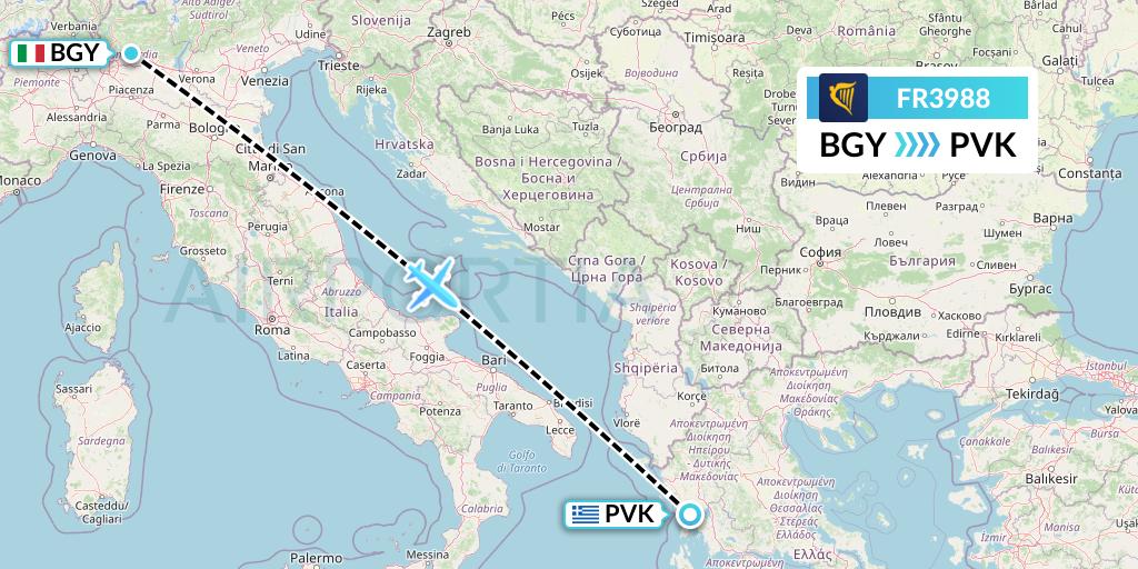 FR3988 Ryanair Flight Map: Milan to Preveza